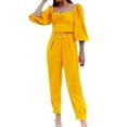 thumbnail image 1 of Women's Fall Casual 2 Piece Outfits Solid Color Long Sleeve Square Neck Ruched Crop Tops High Waist Capri Pants Sets, 1 of 6