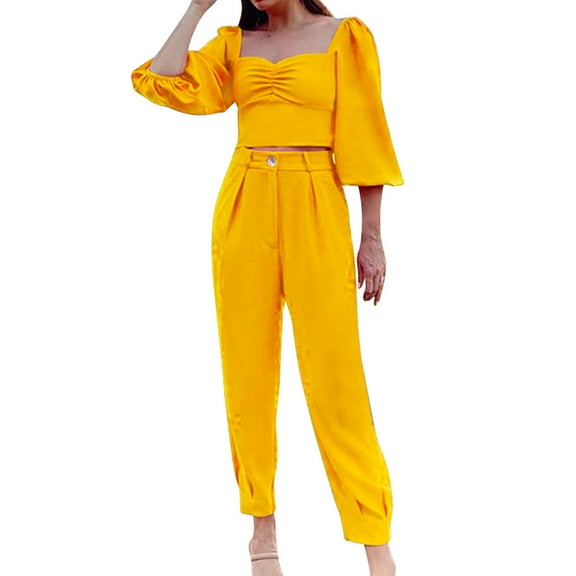 Women's Fall Casual 2 Piece Outfits Solid Color Long Sleeve Square Neck Ruched Crop Tops High Waist Capri Pants Sets