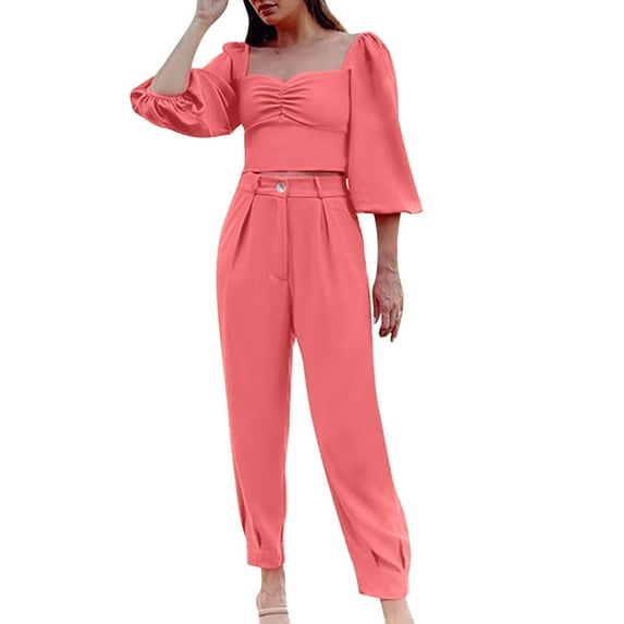 Women's Fall Casual 2 Piece Outfits Solid Color Long Sleeve Square Neck Ruched Crop Tops High Waist Capri Pants Sets