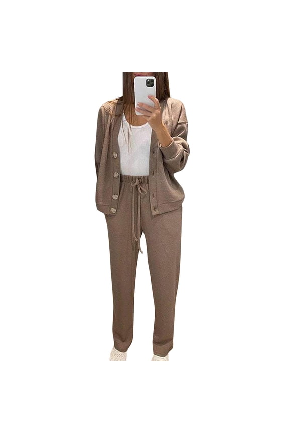 Women's Fall Casual 2-Piece Set Long Sleeve Cardigan & Wide Leg Pants Suit Khaki S
