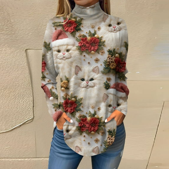 Women's Fall Casual Christmas Printed High Neck Long Sleeve Pullover Top, Loose Vintage Graphic Sweatshirt, Holiday T-Shirt Blouse,Beige,M