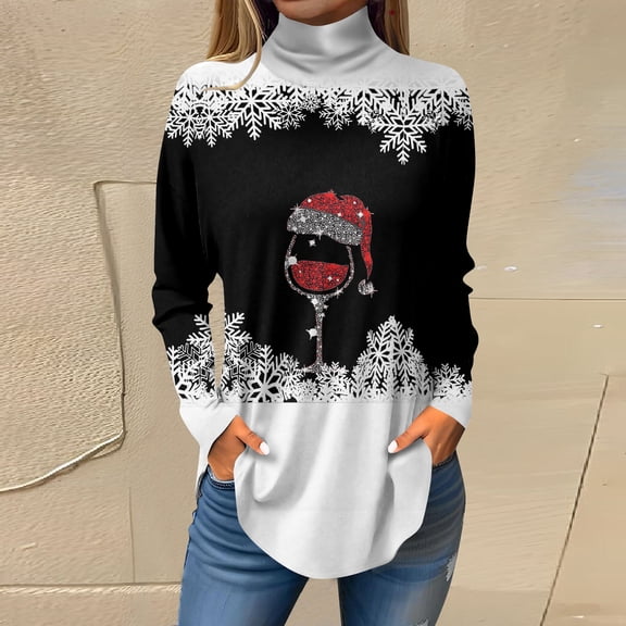 Women's Fall Casual Christmas Printed High Neck Long Sleeve Pullover Top, Loose Vintage Graphic Sweatshirt, Holiday T-Shirt Blouse,Black,S