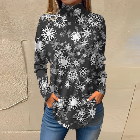 Women's Fall Casual Christmas Printed High Neck Long Sleeve Pullover Top, Loose Vintage Graphic Sweatshirt, Holiday T-Shirt Blouse,Black,S