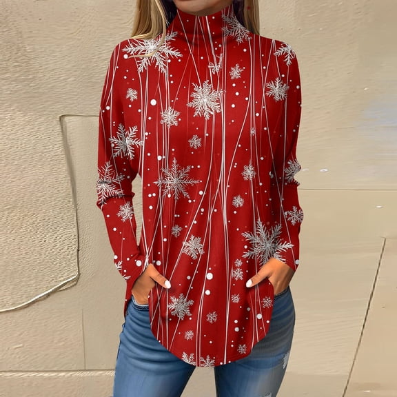 Women's Fall Casual Christmas Printed High Neck Long Sleeve Pullover Top, Loose Vintage Graphic Sweatshirt, Holiday T-Shirt Blouse,Deep Red,S