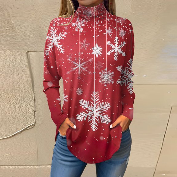 Women's Fall Casual Christmas Printed High Neck Long Sleeve Pullover Top, Loose Vintage Graphic Sweatshirt, Holiday T-Shirt Blouse,Hot Pink,M