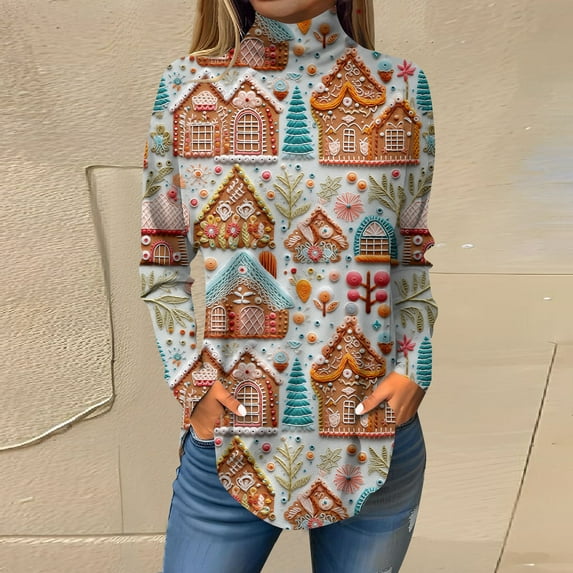 Women's Fall Casual Christmas Printed High Neck Long Sleeve Pullover Top, Loose Vintage Graphic Sweatshirt, Holiday T-Shirt Blouse,Light Blue,S