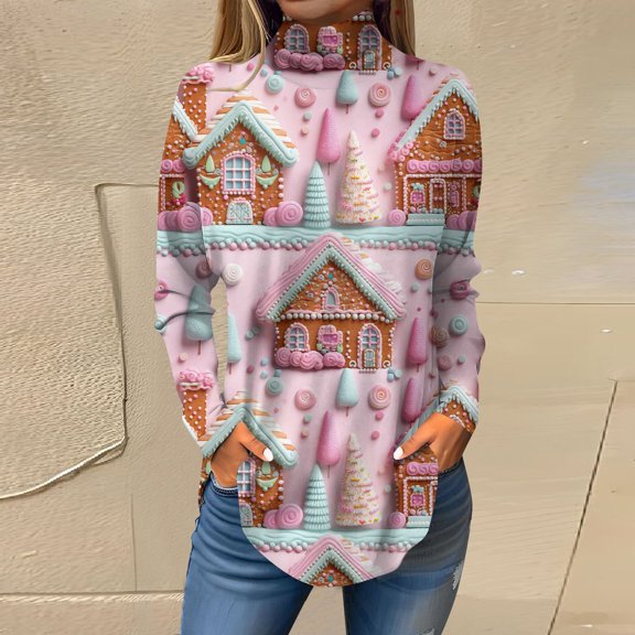 Women's Fall Casual Christmas Printed High Neck Long Sleeve Pullover Top, Loose Vintage Graphic Sweatshirt, Holiday T-Shirt Blouse,Pink,S