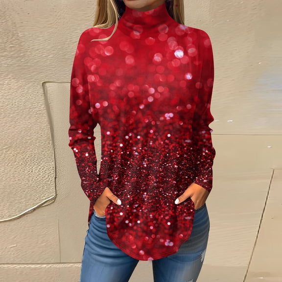 Women's Fall Casual Christmas Printed High Neck Long Sleeve Pullover Top, Loose Vintage Graphic Sweatshirt, Holiday T-Shirt Blouse,Red,S