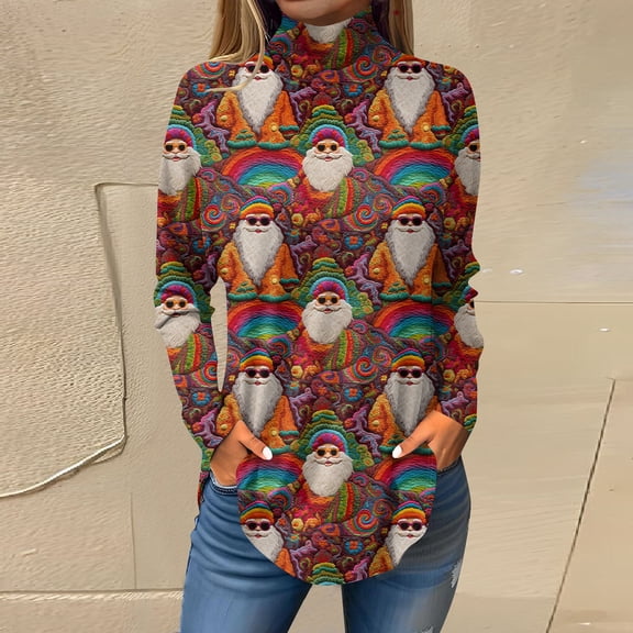 Women's Fall Casual Christmas Printed High Neck Long Sleeve Pullover Top, Loose Vintage Graphic Sweatshirt, Holiday T-Shirt Blouse,Vermilion,S