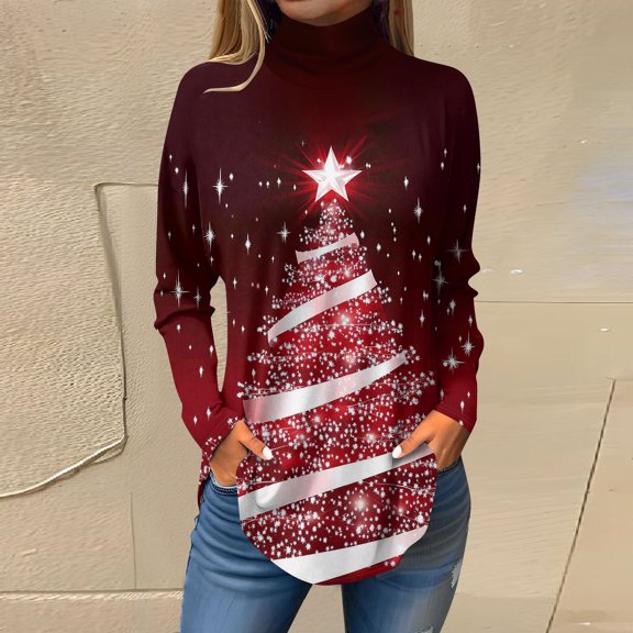 Women's Fall Casual Christmas Printed High Neck Long Sleeve Pullover Top, Loose Vintage Graphic Sweatshirt, Holiday T-Shirt Blouse,Watermelon Red,S