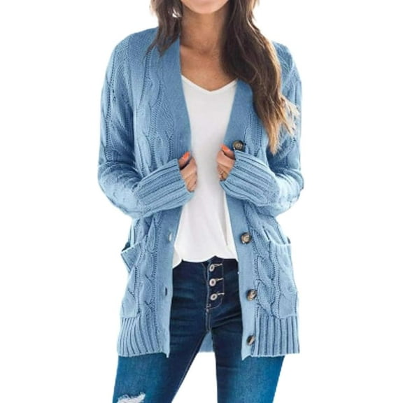 Women's Fall Casual Long Sleeve Button Down Open Front Cable Knit Cardigan, Long Button Down Cardigan