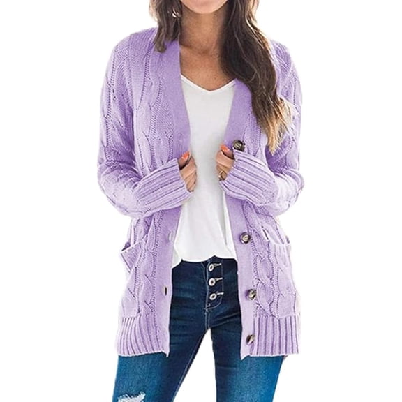 Women's Fall Casual Long Sleeve Button Down Open Front Cable Knit Cardigan, Long Button Down Cardigan