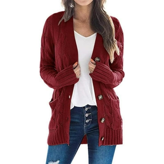 Women's Fall Casual Long Sleeve Button Down Open Front Cable Knit Cardigan, Long Button Down Cardigan