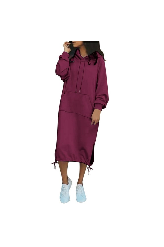 Women's Fall Casual Long Sleeve Pullover Hoodie Dress Loose Fit Drawstring Hem Midi Sweatshirt Dress With Side Pocket