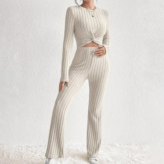 Women's Fall Casual Outfit Sets In Petite Knitted Long Sleeve Set Hoodie Loose Pants Two Piece Set Long Sleeve Round Neck Top/Shirt Suit