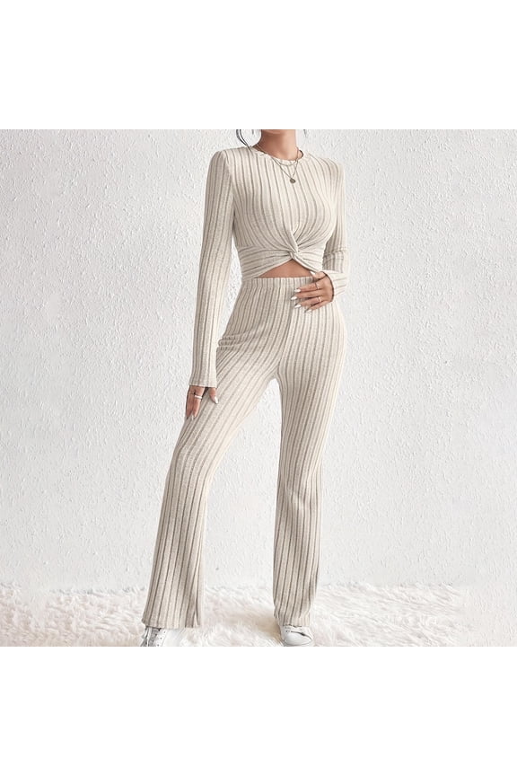 Women's Fall Casual Outfit Sets In Petite Knitted Long Sleeve Set Hoodie Loose Pants Two Piece Set Long Sleeve Round Neck Top/Shirt Suit