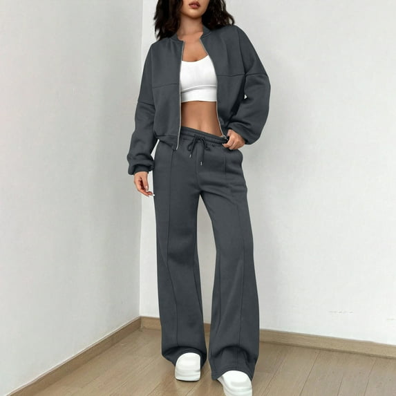 Women's Fall Casual Outfit Sets Tall Sizes Women Fashionable Solid Color Zippered Cardigan Sweater Casual Straight Leg Pants Set