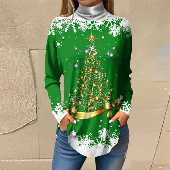 Women's Fall Casual Vintage Christmas Printed High Neck Long Sleeve Pullover Top, Loose Sweatshirt, Holiday Graphic T-Shirt Blouse,Green,S