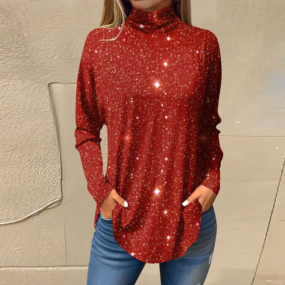 Women's Fall Casual Vintage Christmas Printed High Neck Long Sleeve Pullover Top, Loose Sweatshirt, Holiday Graphic T-Shirt Blouse,Red,S