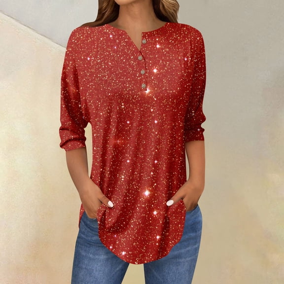 Women's Fall Casual Vintage Printed 3/4 Sleeve Button Up Shirt Top, Loose Sweatshirt Style, Holiday Christmas Flannel Blouse T-Shirt,Wine,S