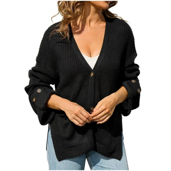 Women's Fall Chunky Knit Cardigan Solid V Neck Button Long Sleeve Coat 2025 Fashion Side Slit Outwear with Pockets
