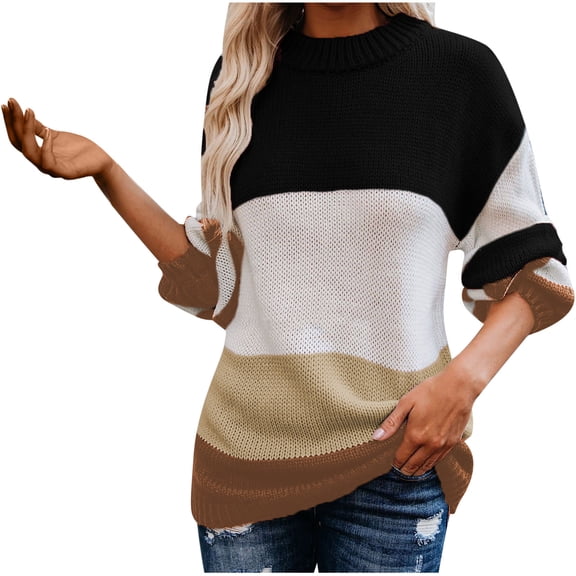 Women's Fall Chunky Knit Sweater Oversized Crewneck Long Sleeve Striped Sweatshirts Winter Warm Cotton Pullover Tops (3XL, Black)
