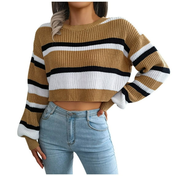 Women's Fall Clothes, Fashion Green Sweater Colorful For Women 2022 Women's Autumn Winter Top Ins Style Casual Striped Long Sleeve Crop Knit Sweater And Tops Casual Long-Sleeved (S, Khaki) TBKOMH