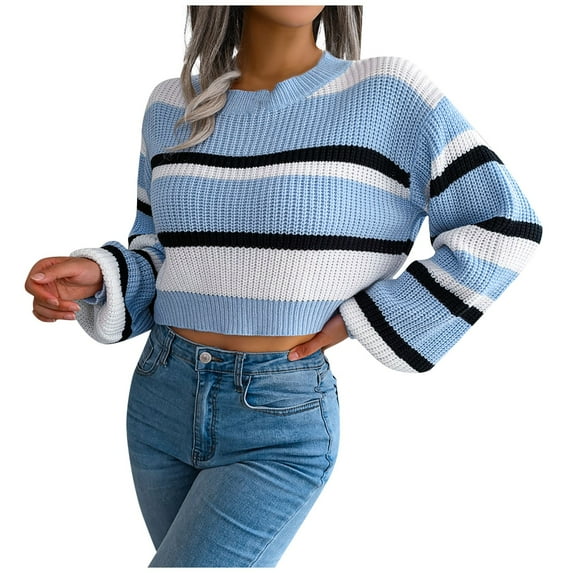 Women's Fall Clothes, Long Sweater Cardigan Women Sweaters For Teen Girls Cardigan Soft Women's Autumn Winter Top Ins Style Casual Striped Sleeve Crop Knit Sweater And Tops Casual (S, Blue) TBKOMH