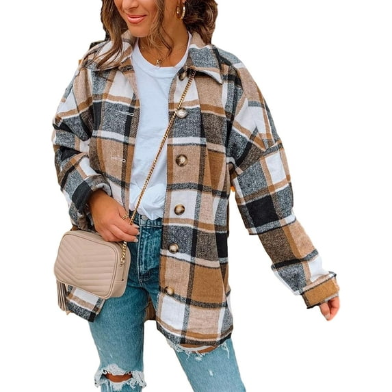 Women's Fall Color Block Plaid Flannel Shacket Jacket Button Down Shirt Coat Tops