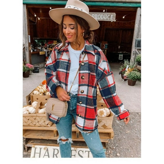 Women's Fall Color Block Plaid Flannel Shacket Jacket Button Down Shirt Coat Tops