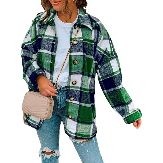 Women's Fall Color Block Plaid Flannel Shacket Jacket Button Down Shirt Coat Tops
