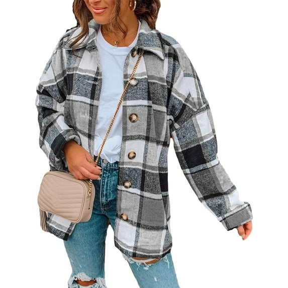 Women's Fall Color Block Plaid Flannel Shacket Jacket Button Down Shirt Coat Tops