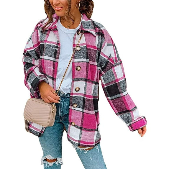 Women's Fall Color Block Plaid Flannel Shacket Jacket Button Down Shirt Coat Tops