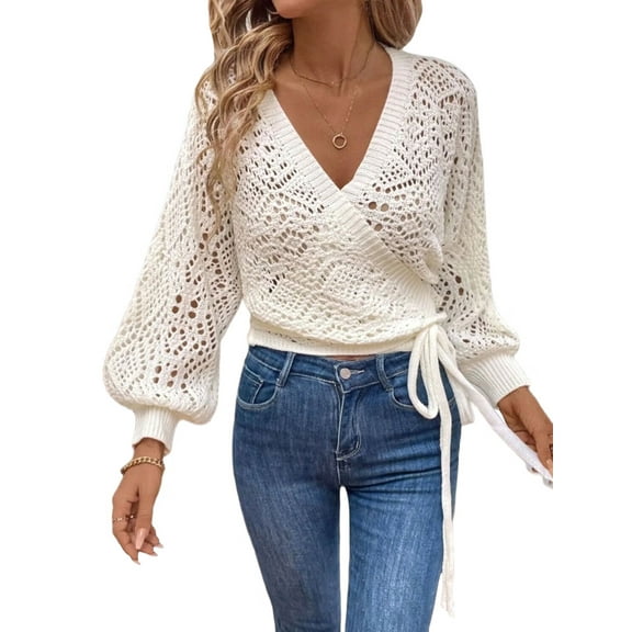 Female Fall Crochet Sweaters Wrap Pointelle Lantern Sleeve Tie Side V Neck Crop Knitwear White T88333 XL