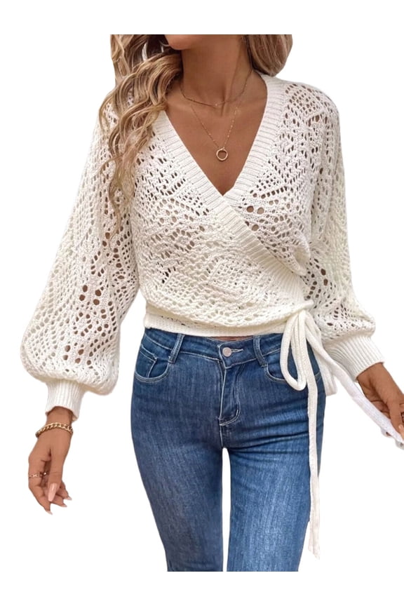Women's Fall Crochet Sweaters Wrap Pointelle Lantern Sleeve Tie Side V Neck Crop Knitwear White T88333 XXL