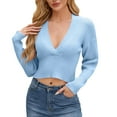 Women's Fall Cropped Sweater Chunky Knit Sweaters Long Sleeve V Neck