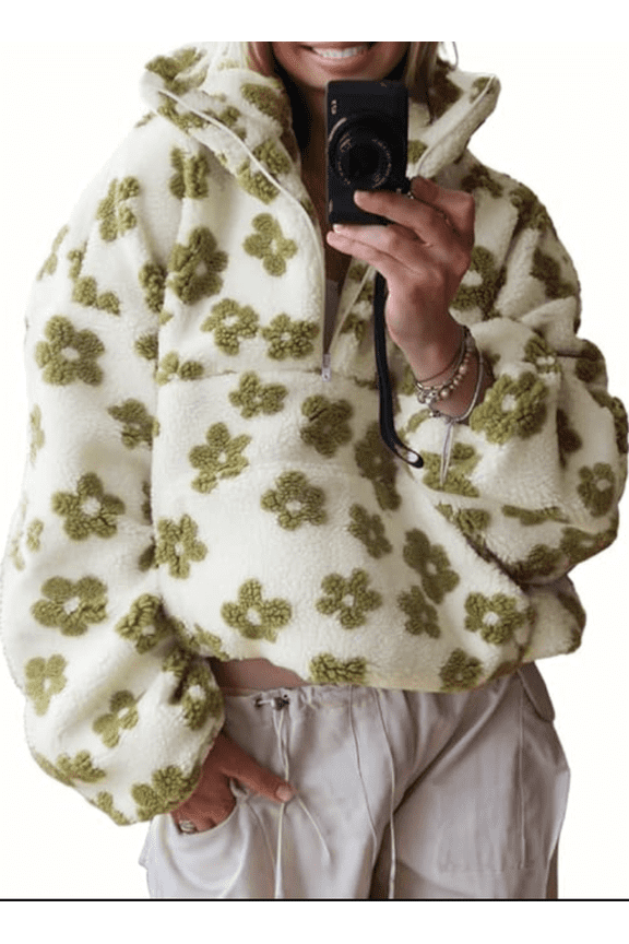 Women's Fall Cute Floral Faux Fur Pullover Fleece Sweatshirt Casual Zip Up Winter Sherpa Jacket