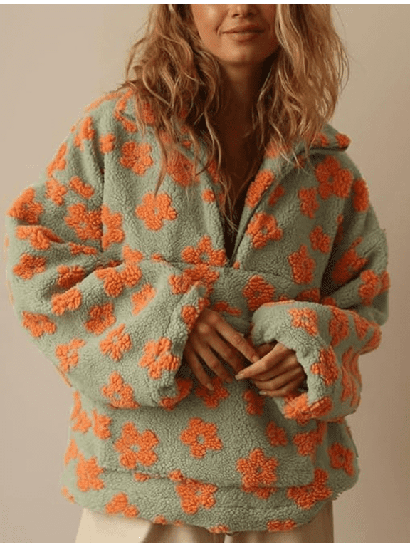 Women's Fall Cute Floral Faux Fur Pullover Fleece Sweatshirt Casual Zip Up Winter Sherpa Jacket