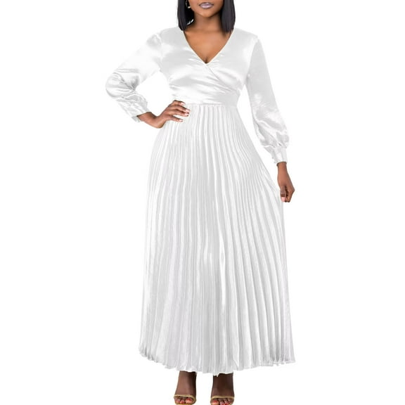 Women's Fall Deep V Neck Maxi Dress Pleated Belted Party Cocktail Long Dress