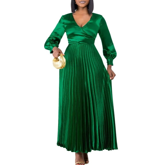 Women's Fall Deep V Neck Maxi Dress Pleated Belted Party Cocktail Long Dress