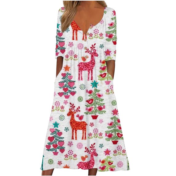 Women's Fall Dresses 2022 Button up V-Neck Loose Long Sleeve Dress Casual Christmas Print Cocktail Dresses with Pockets