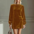 thumbnail image 1 of Women's Fall Dresses Crew Neck Long Sleeve Mini Party Ruffled Casual Tunic Velvet Wedding Guest Dress Gold M, 1 of 6