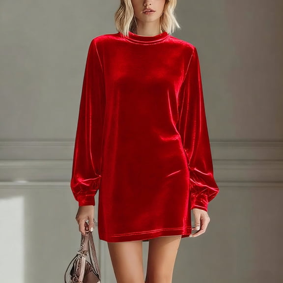 Women's Fall Dresses Crew Neck Long Sleeve Mini Party Ruffled Casual Tunic Velvet Wedding Guest Dress Red XXL