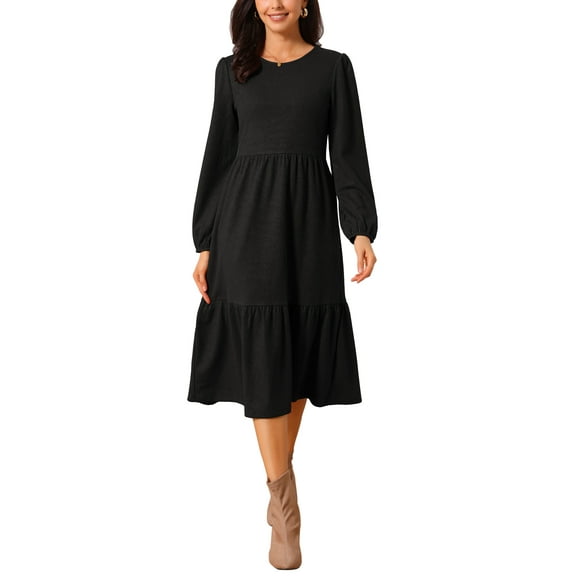 INSPIRE CHIC Women's Fall Dresses Long Sleeve Round Neck Tiered Casual Knit A-Line Midi Dress with Pockets L Black