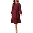 thumbnail image 1 of Women's Fall Dresses Long Sleeve Round Neck Tiered Casual Knit A-Line Midi Dress with Pockets L Burgundy, 1 of 6