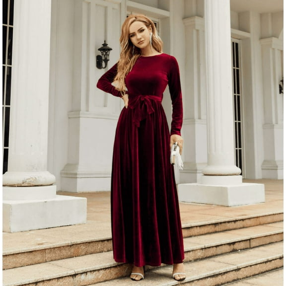 Women's Fall Dresses Long Sleeve Velvet Formal Maxi Dress with Belt Casual Cocktail Wedding Guest Party Long Dress