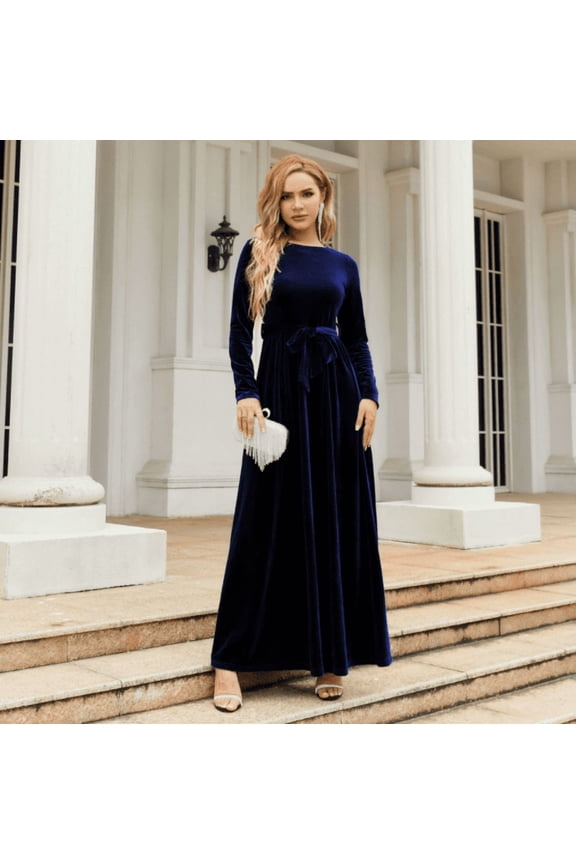 Women's Fall Dresses Long Sleeve Velvet Formal Maxi Dress with Belt Casual Cocktail Wedding Guest Party Long Dress