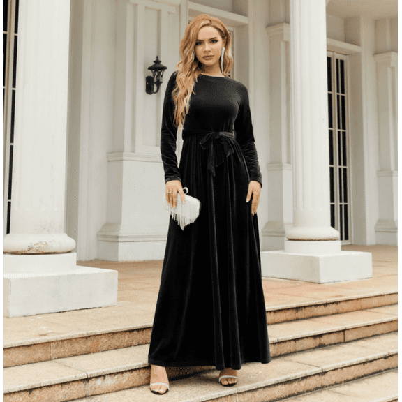 Women's Fall Dresses Long Sleeve Velvet Formal Maxi Dress with Belt Casual Cocktail Wedding Guest Party Long Dress