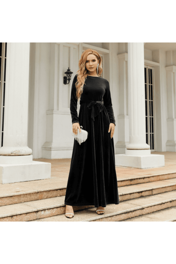 Women's Fall Dresses Long Sleeve Velvet Formal Maxi Dress with Belt Casual Cocktail Wedding Guest Party Long Dress