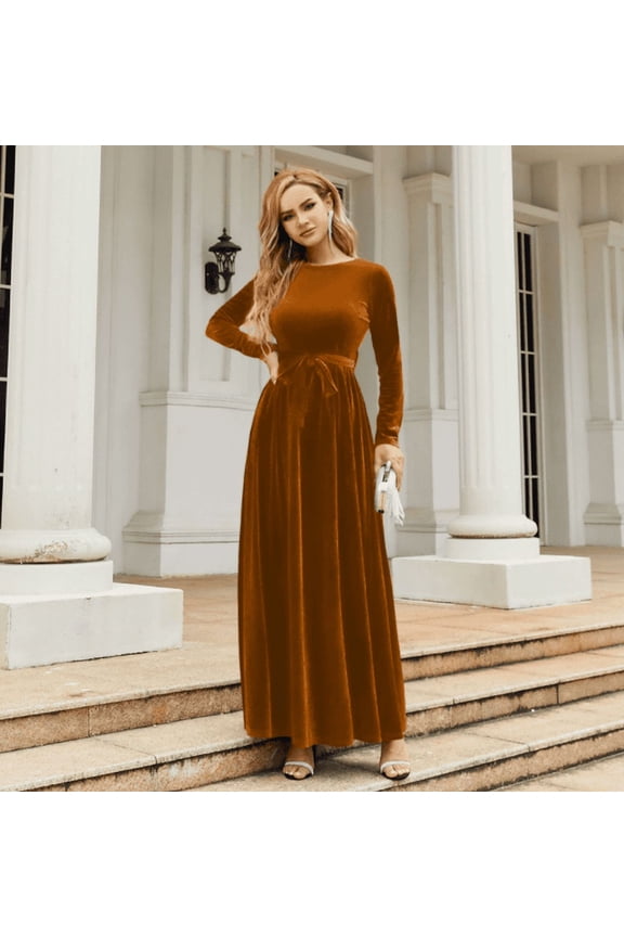Women's Fall Dresses Long Sleeve Velvet Formal Maxi Dress with Belt Casual Cocktail Wedding Guest Party Long Dress